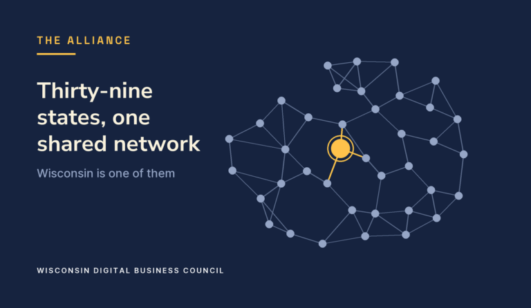 Thirty-nine linked nodes on navy, one picked out in gold for Wisconsin