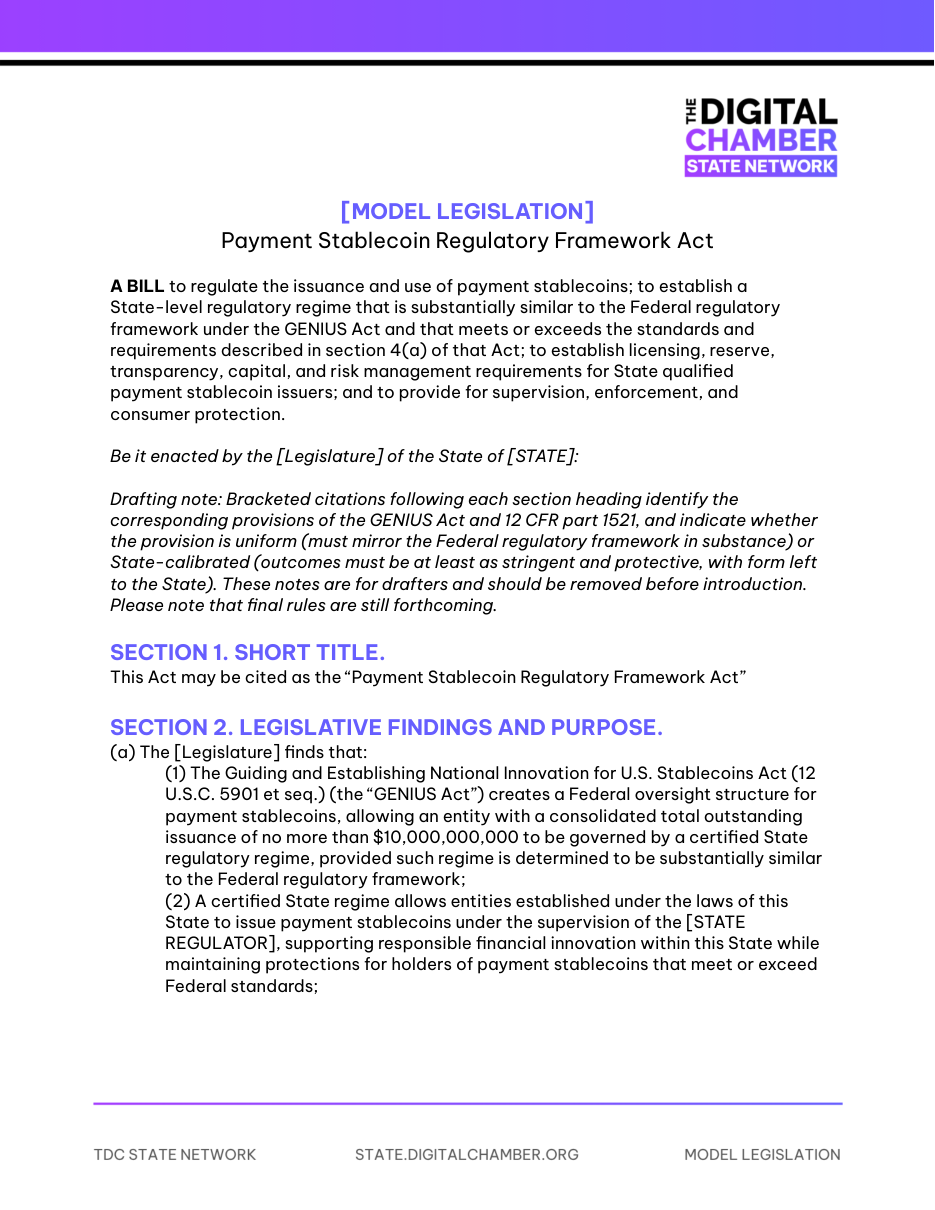 First page of the model bill: Payment stablecoins