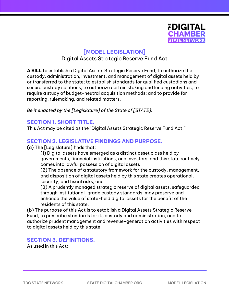 First page of the model bill: Strategic reserve