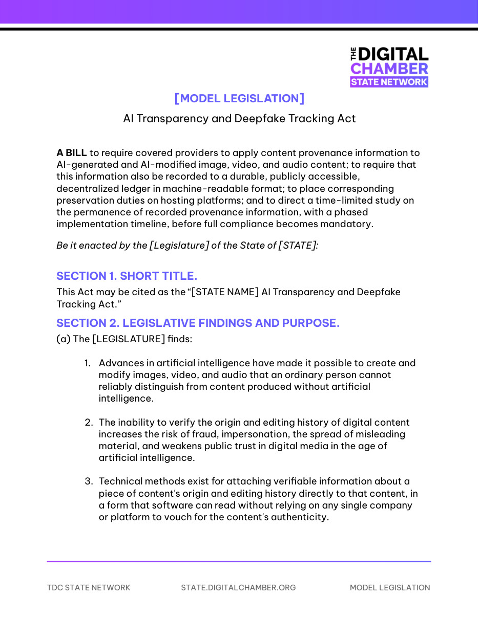 First page of the model bill: AI content provenance