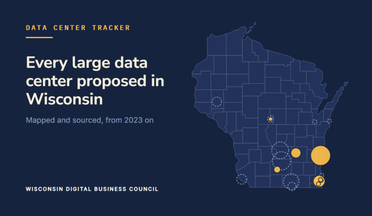 Wisconsin’s counties on navy with each tracked data center project as a circle sized by stated investment; live projects in gold, paused or cancelled ones as dashed rings.