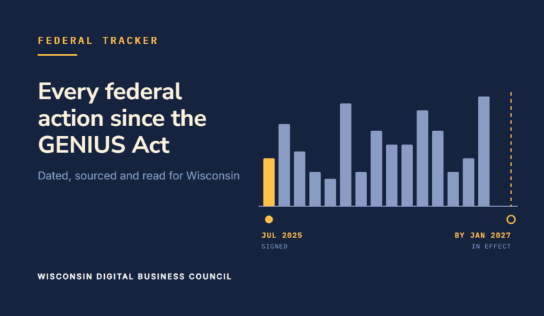 Bars on navy counting federal digital asset actions each month from July 2025, running toward the January 2027 effective date.